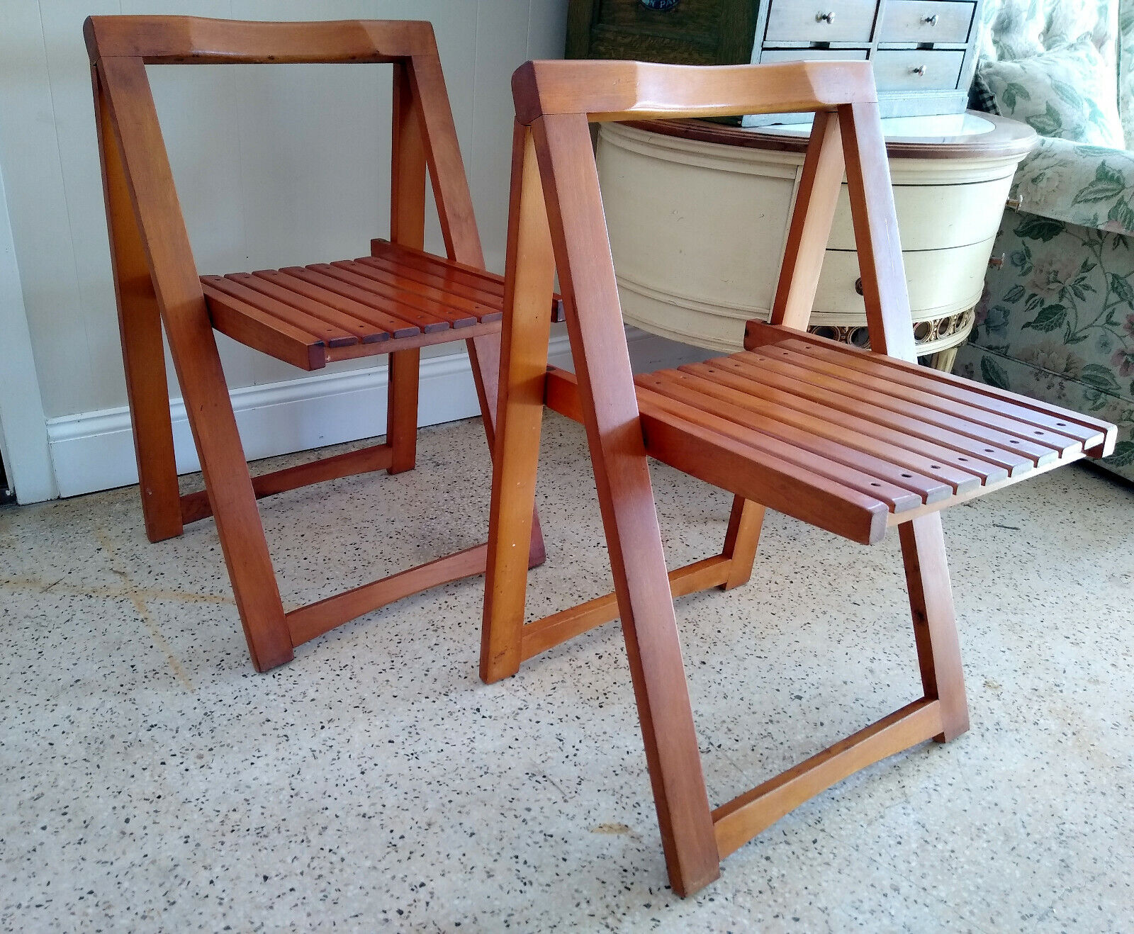 Pair Vintage Mid Century Romanian Folding Maple? Wood Slat Chairs