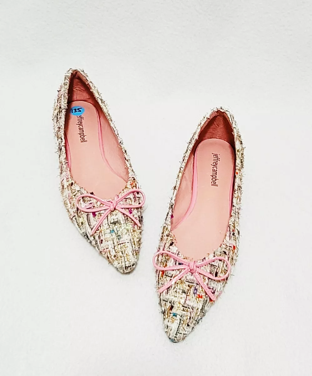Jeffrey Campbell Lavinia Pointed Toe Flats Shoes White Gold Tweed Size US 6.5 M