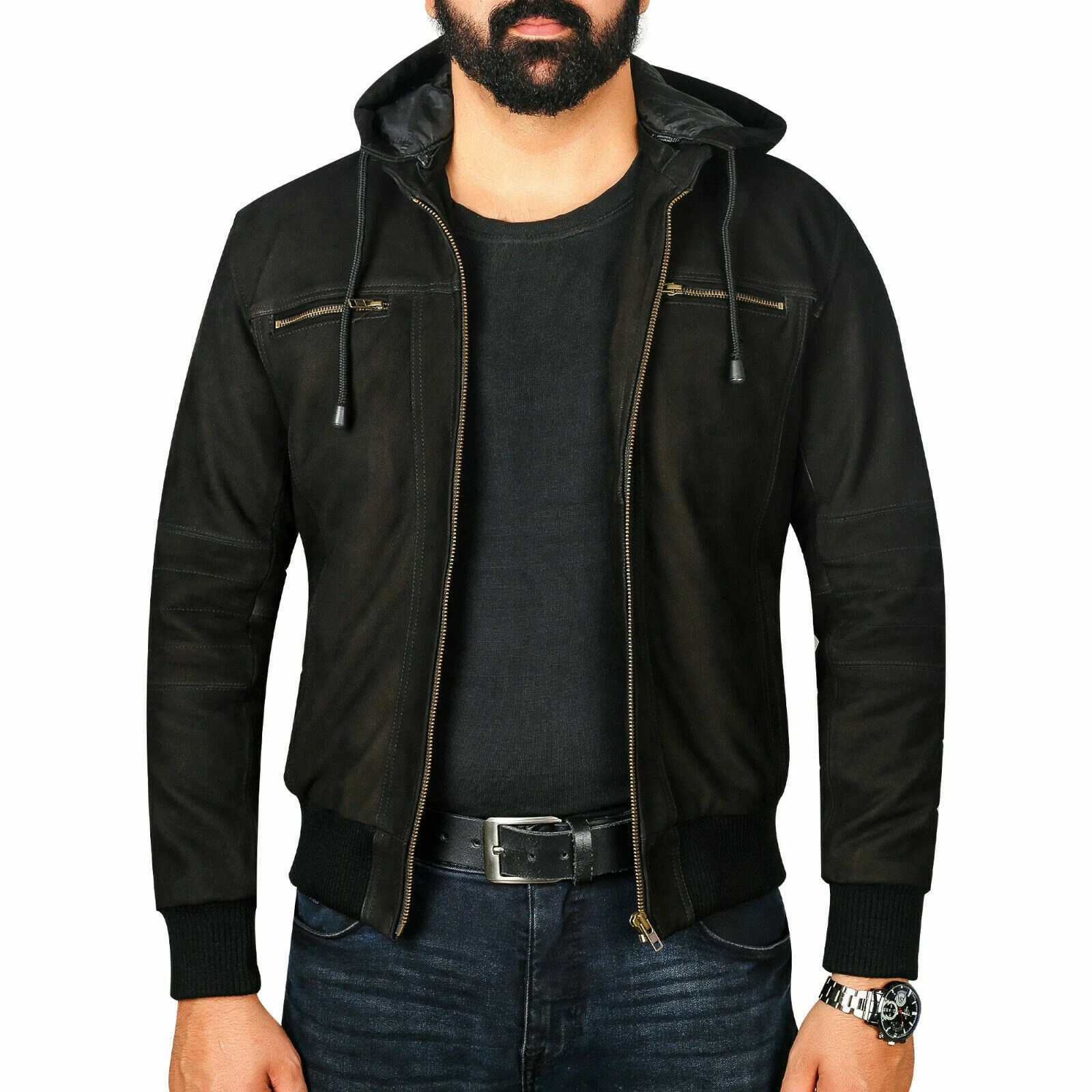 Men's Black Suede Leather Bomber Jacket Fashion Hooded Hoodie Leather Jacket