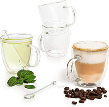 Set of 4 Double Wall Glass Cup Clear Mug, Double Walled Coffee Mugs 7.4 Oz, Glas