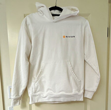 Rivian Men's White Pullover Hoodie Size S Fleece Organic Cotton Logo Pockets