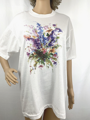 #ad #ad Women#x27;s White Short Sleeve T shirt w Colorful Spray of Flowers Size Large $8.00