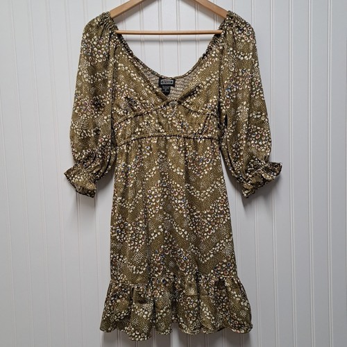 NWT Angie Dress Womens M Brown Chevron Satin Mini Fit & Flare Smocked Back Boho