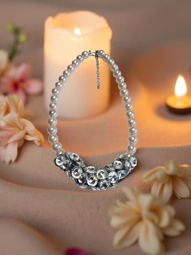 vintage designer costume jewelry necklace with faux pearls and rhinestones