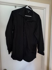 George Mens Solid Black Classic Fit Long Sleeve Button Up Dress Shirt - Large