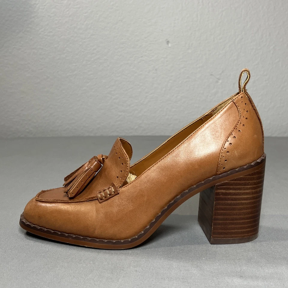 Vince Camuto Caiana Congac Brown Loafer Slip On Size 8M Heels Oxford Tassels - Image 3 of 4