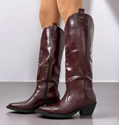 Damen Burgunderrot Kniehohe Westernstiefel Cowboy Style Blockabsatz Kunstleder