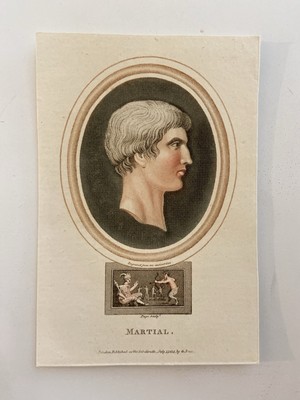 Antiker Kupferstich römischer Dichter Martial von 1814 - klassischer Kameenstil 
