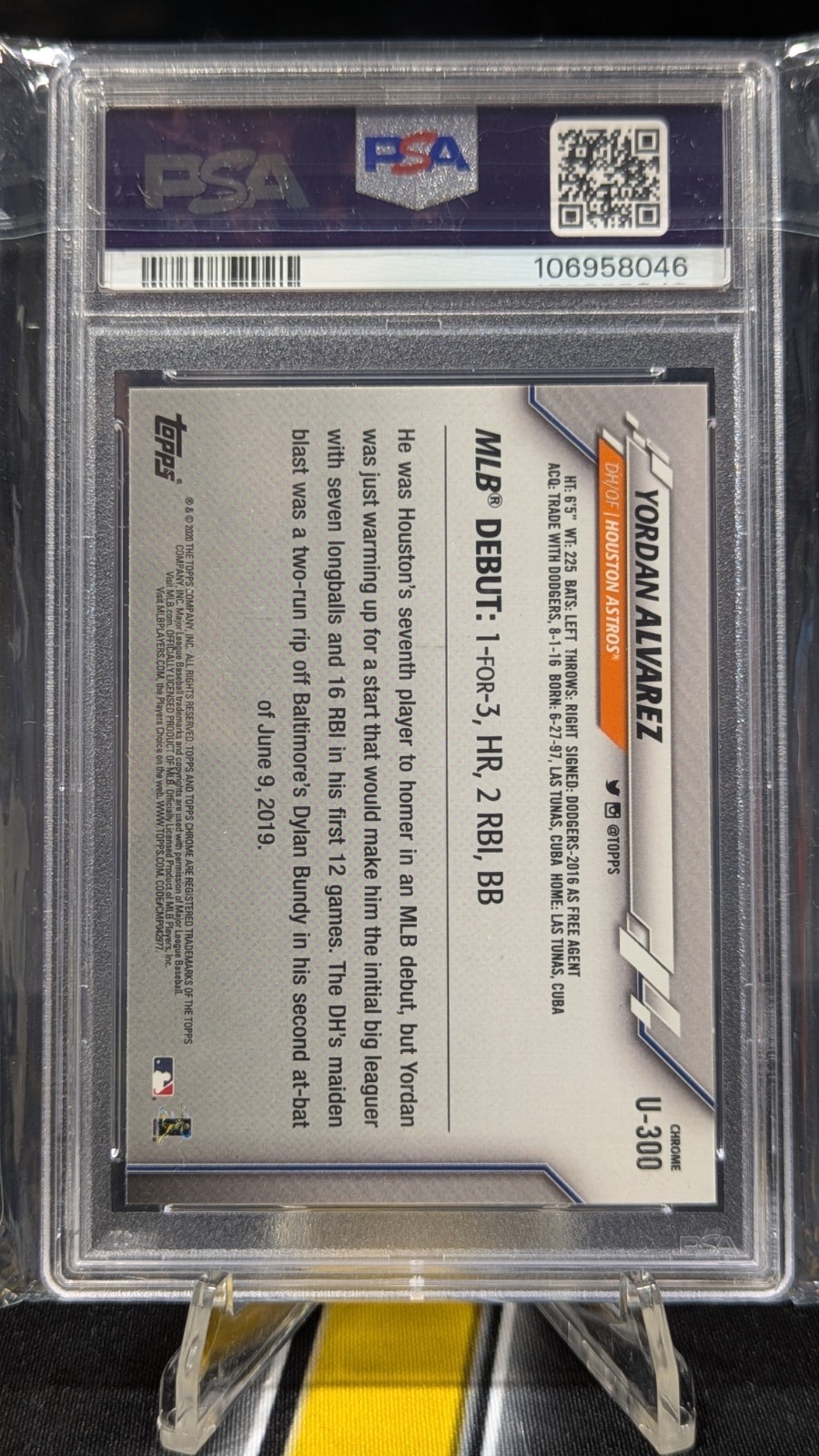 Yordan Alvarez 2020 Topps Chrome Update Sapphire - Rookie Debut #U-300 PSA 9 view 2
