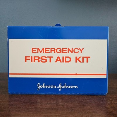 Vintage Johnson & Johnson First Aid Emergency Kit Metal Steel Hinged Box FULL