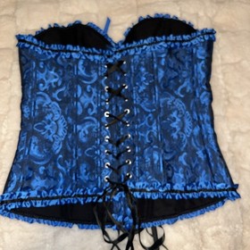 Blue/Black Brocade Ruffled Lace up Corset Bustier