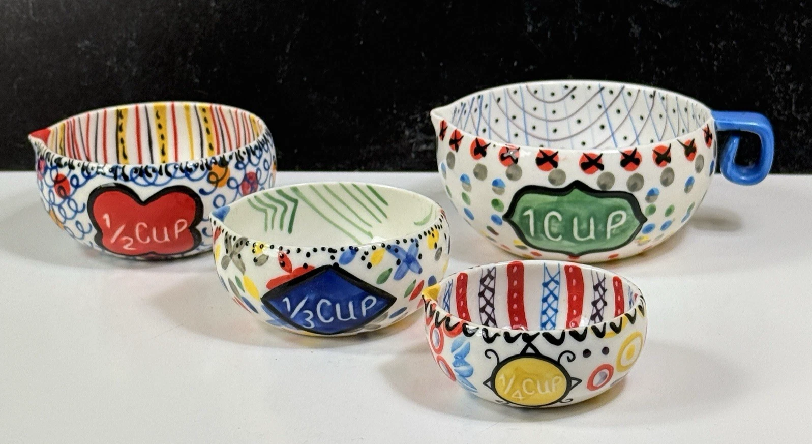 Anthropologie Izmir Cucina Nesting Measuring Cups Bowls Set 4 Folk Art Ceramic