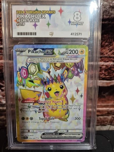 Graded Ace! Pikachu EX 219/191 Surging Sparks 2024 PSA 8 Secret Rare