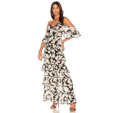 Nicholas Black Silk Luna Floral Tiered Ruffle Maxi Dress Lace Trim Sz 6 Flowy