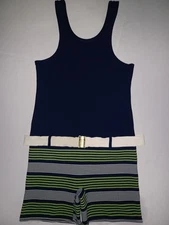 Vintage Men's Puritan 1950's Blue Green White 100% Nylon Full Body Bathing Suit