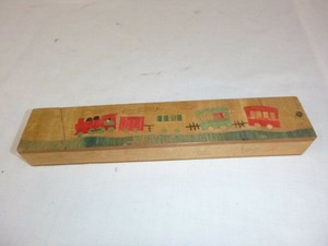 Vtg-Mid-Century-Wood-Pencil-Case-Box-Inlaid-Wood-Train-Motif-Sliding-Top-Japan