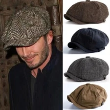 Newsboy Hat Flat Cap Driver Herringbone Tweed Plain Wool Baker Boy Classic Golf