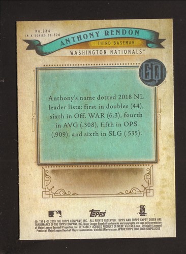 Anthony Rendon--Washington Nationals-2019 Topps Gypsy Queen Green Border BB Card - Picture 2 of 2