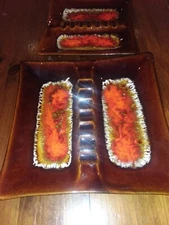 [A15] -- Pair of Vintage Ceramic Ashtrays w/ Brown & Orange Drip Glaze Made USA 