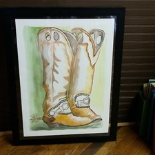 Quadro acquerello 22 x 28 Mary Brace stivali western originali Strathmore 