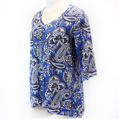 Jones NY Plus Size White/Blue 3/4 Sleeve V-Neck Top Tunic 1X Spring Summer