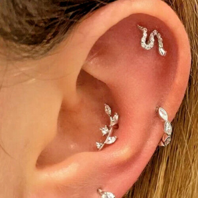 18G 5/16 Titanium Internally Threaded CZ Vine Branch Leaf Tragus Labret Ear Stud