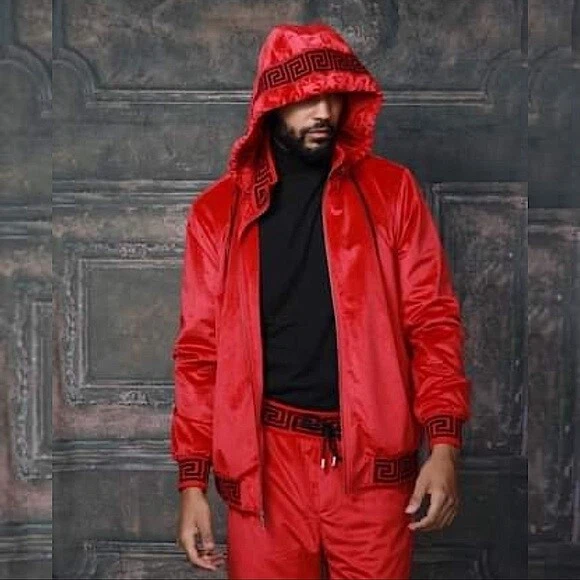 Men’s Fashion Red Black Velvet Hooded Track Jacket & Pants