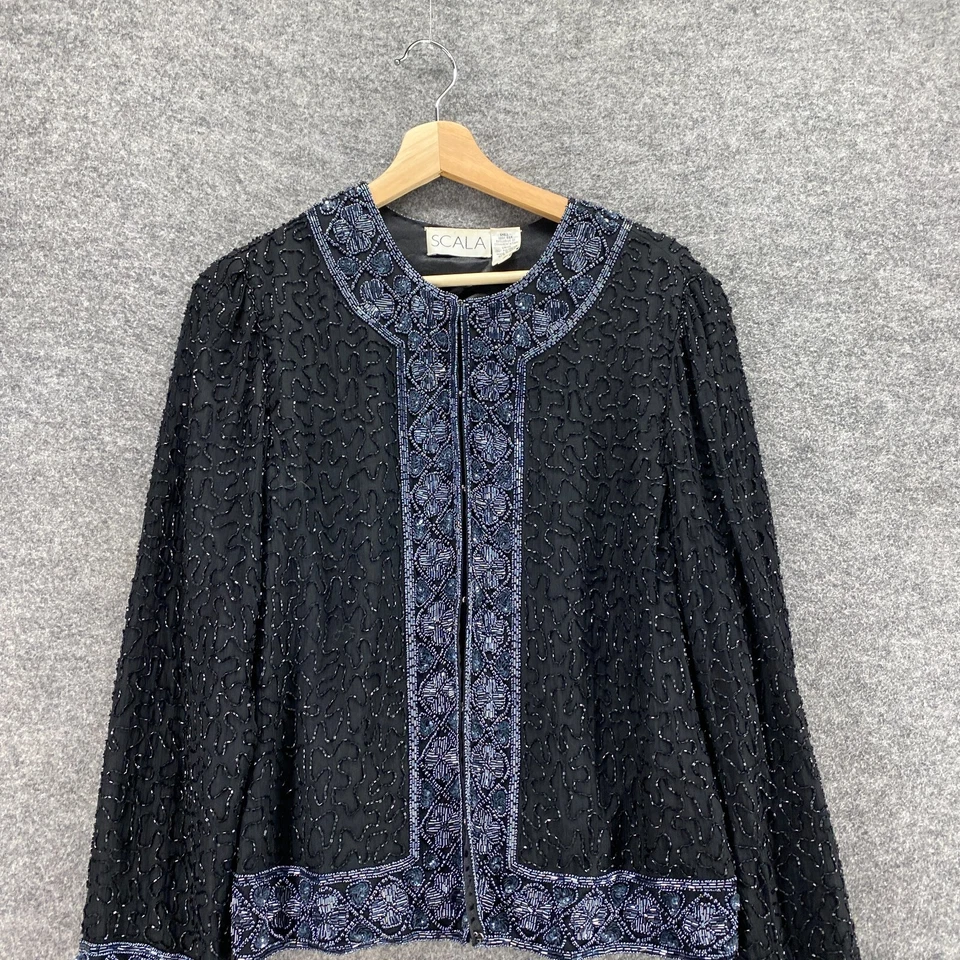 Scala блузка женщин S маленький черный ворота длинным рукавом шелк со стразами повседневный - Изображение 3 из 4