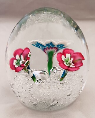 Art Glass Paperweight 3 Flowers Pink White Bubbles Galore (B1)