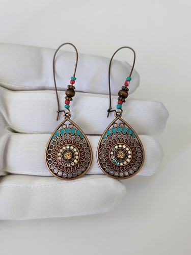 Fashion Vintage Boho Style Enameled Dangle Drop Earrings With Stone For Women - Picture 2 of 3