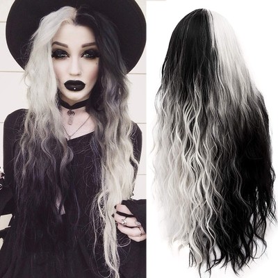 Mildiso Long Wigs for Women 26'' Black White Wig Cute Colorful Silver Hair Wi...