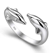 ALIZERO 925 Sterling Silver Ring Double Dolphin Ring Adjustable Ring Lovers Ring