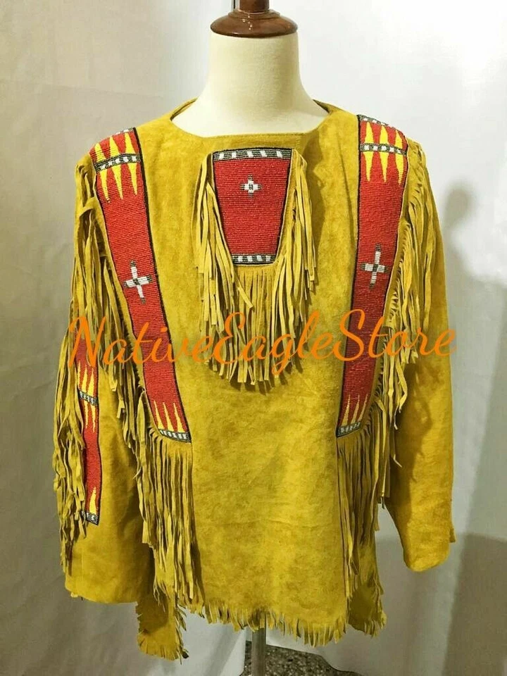 Camisa de guerra estilo antigo com franja de miçangas couro camurça Powwow Regalia WS186 - Imagem 4 de 4