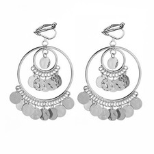 Clip On Boho Disc Tassel Long Dangle Drop Earrings for Women Non Pierced Ear Fak