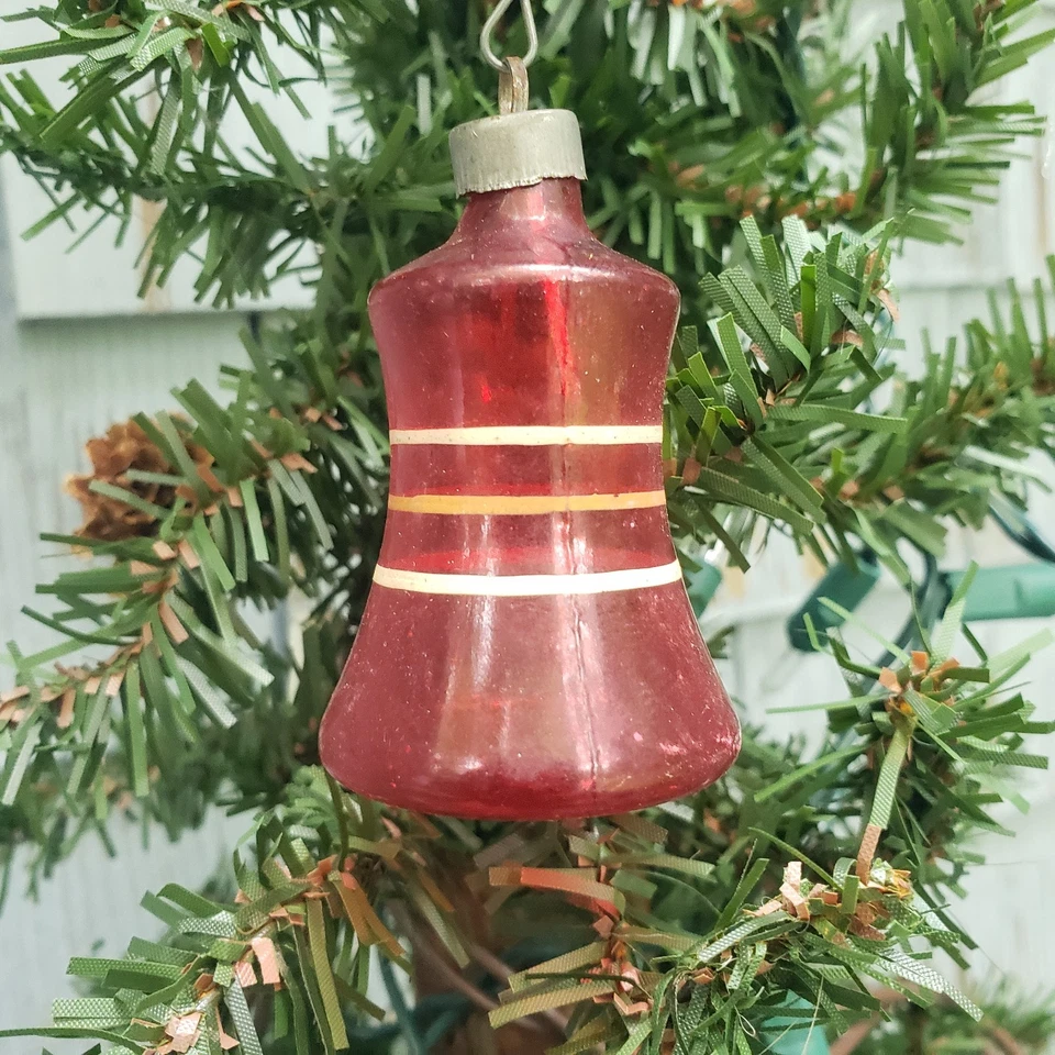 Campana de vidrio sin plata vintage de la Segunda Guerra Mundial a rayas rojo adorno de Navidad EE. UU. Foto 2 de 3