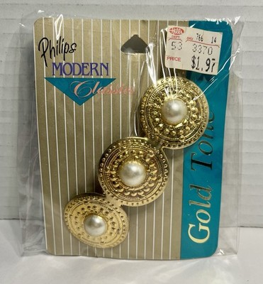 Vintage NOS Philips Faux Pearl Gold Tone Ornate Metal Barrette 3.75 #39014