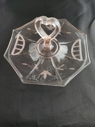 Vintage Pink Depression Glass Heart-Shaped Candy Dish with Handle