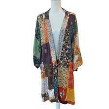Citron Santa Monica Patchwork Kimono Silk Jacket Duster Bohemian Floral Size XL
