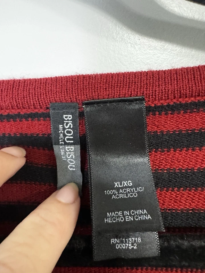 Bisou Bisou 修身毛衣 XL 码红色带黑色条纹 — 第 3/4 张图片