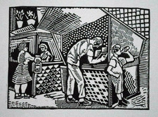 MARKET NEWS PAPER NEWSPAPER STAND HELEN WEST HELLER 1947 American Woodcut