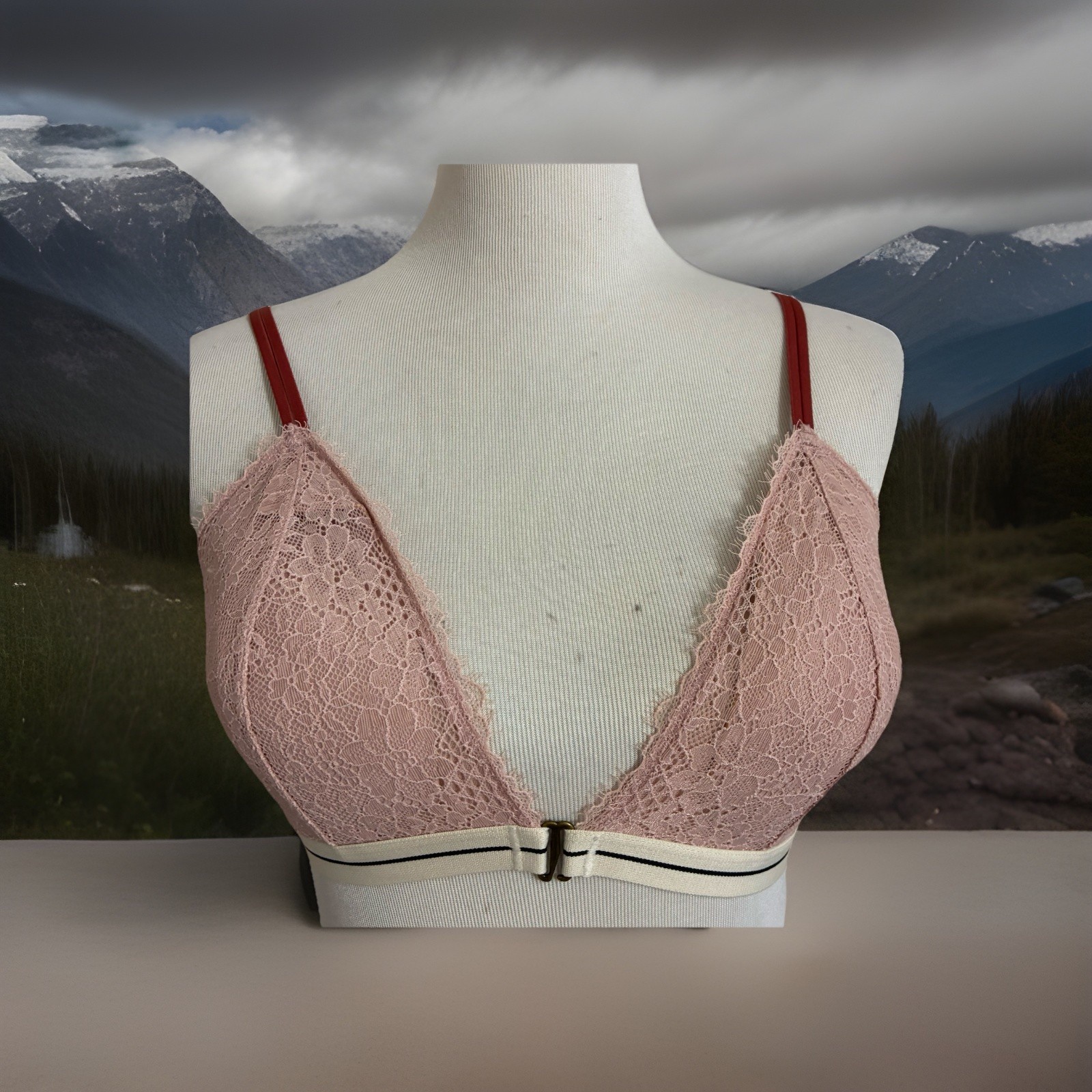 H&M Sz M Front Closure Bra Light Pink Lace Soft Floral Wireless Adjustable Strap