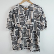 Vintage 80s Henley Shirt Surf Tropical Print Hawaiian Tiki Skater XXL 90s Beach