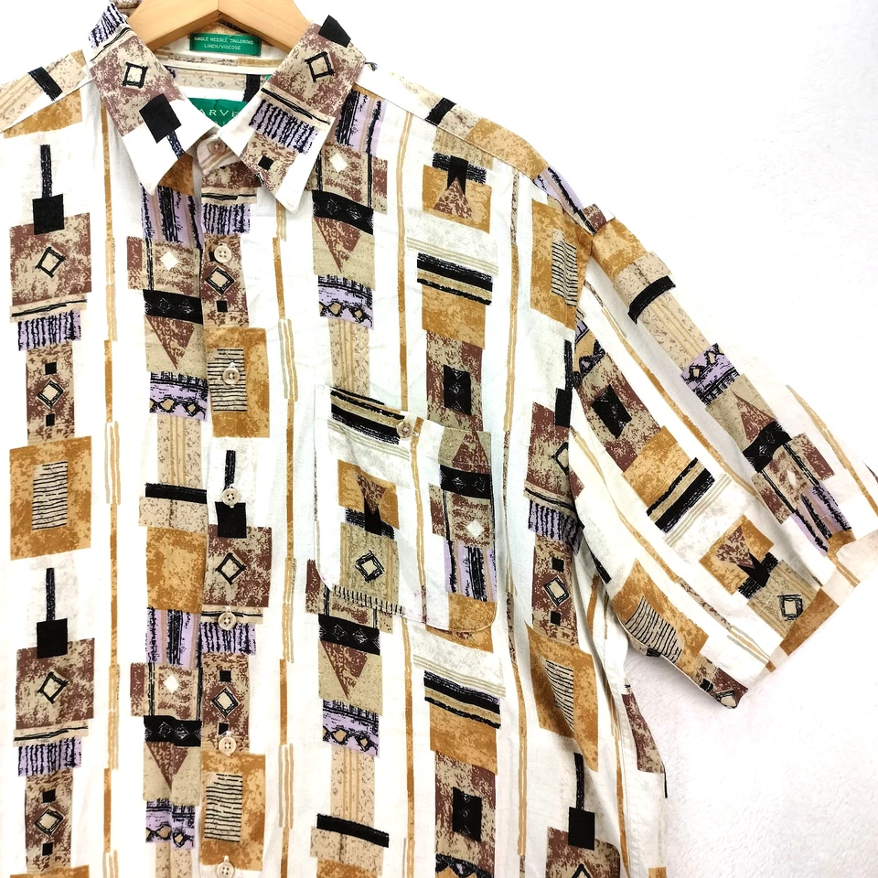 Camisa Carven Paris Para Hombres XL Marrón Mezcla de Lino Gráfico Azteca del Suroeste AOP Y2K Foto 3 de 4