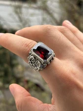 Handmade Turkish Sterling Silver Ruby Stone Ring: Artisan Design, Engraved Style