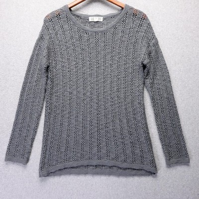Pink Rose Sweater Womens M Gray Open Knit Crewneck Pullover Lagenlook Layering