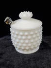 Fenton Condiment Pot W/Lid & Spoon Hobnail Milk Glass Serving Jar Vintage