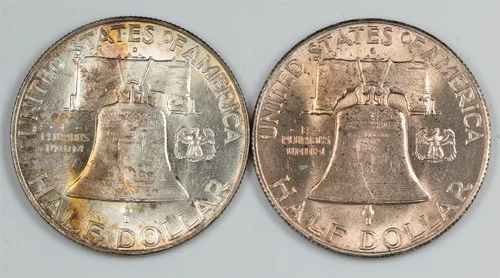 1949 D/S Toned Franklin Half Dollars Lot of 2 Silver 50c -See Photos