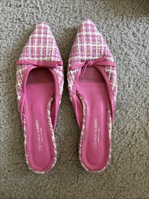 Vintage Carlo Alberto Women s Pink Tweed Mules Sz 7 1/2 Shoes Y2K