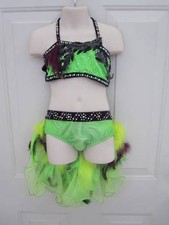 Custom Lime Green Purple Feather Bird Rhinestone Dance Costume Medium Child MC