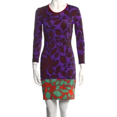 Roberto Just Cavalli Purple Red Leaf Printed Signature Dress Italian38